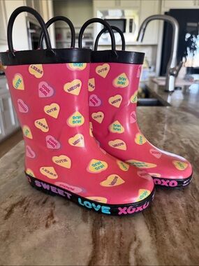 Zoogs Girls Pink Conversation Heart Rain Boots Sz 10